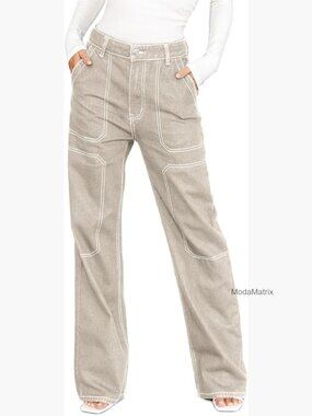 Mid Rise Cargo Jeans Stretch Wide Leg Denim Pants with Pockets Casual